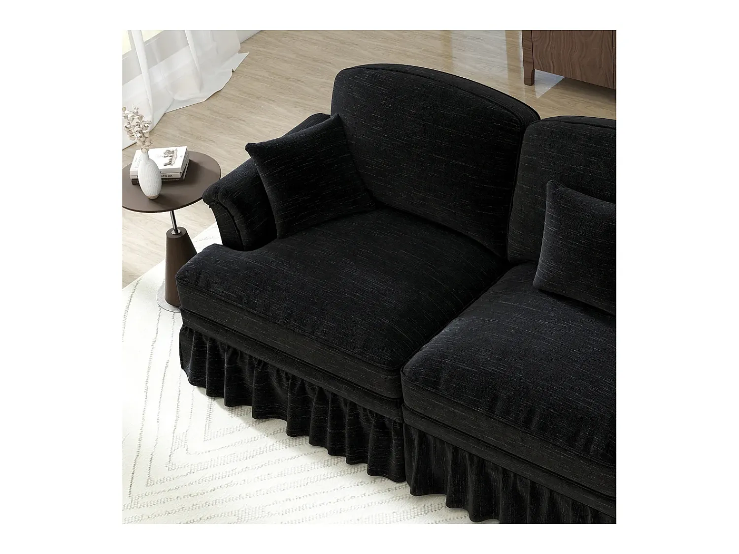 Sofá|DripeX Sofá chesterfield 2 lugares em felpudo - com puff e 2 almofadas - saia removível - 194x140x93cm Preto