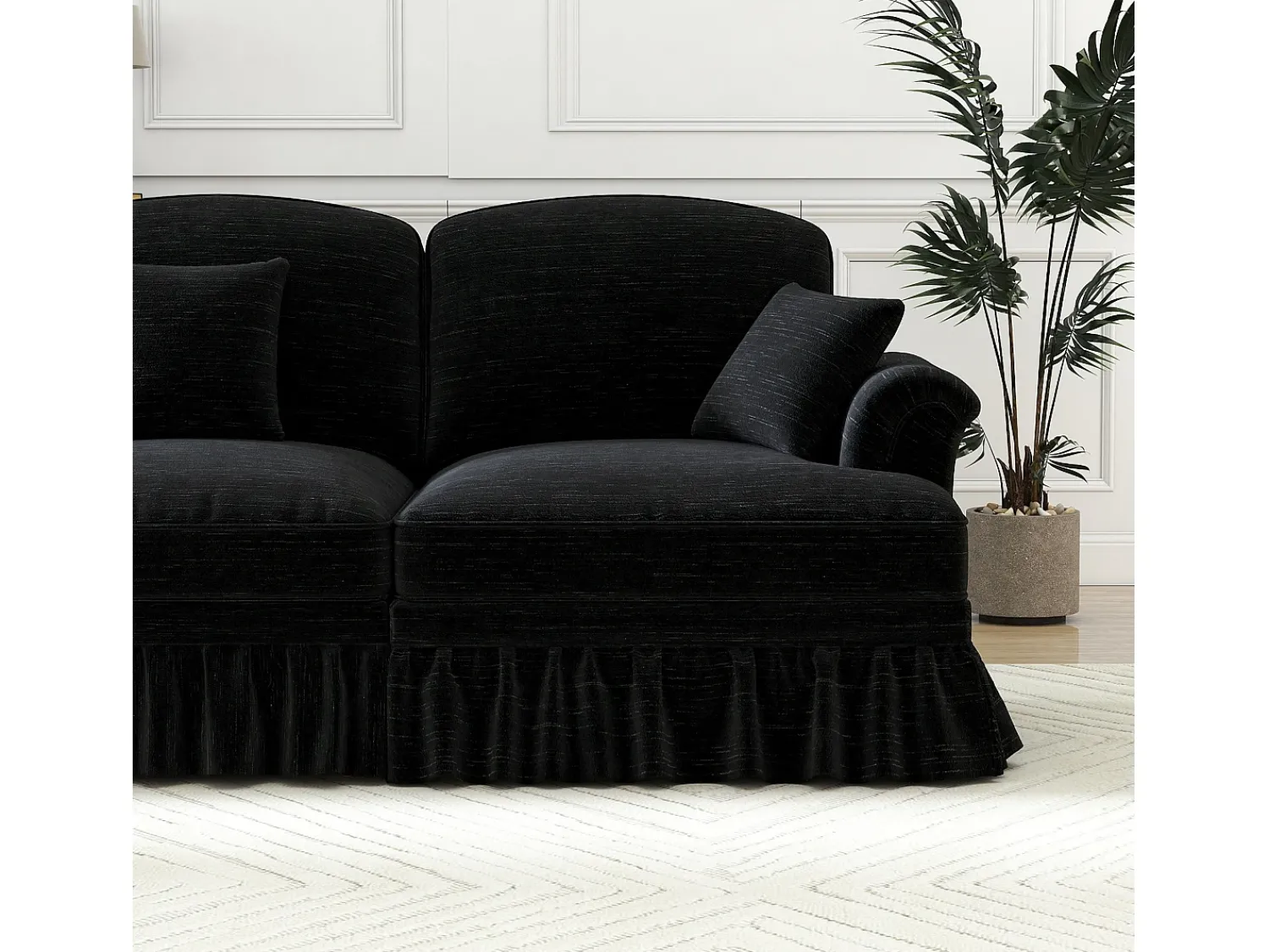 Sofá*DripeX Sofá chesterfield 2 lugares em felpudo - com 2 puffs e 2 almofadas - saia removível - 194x140x93cm Preto