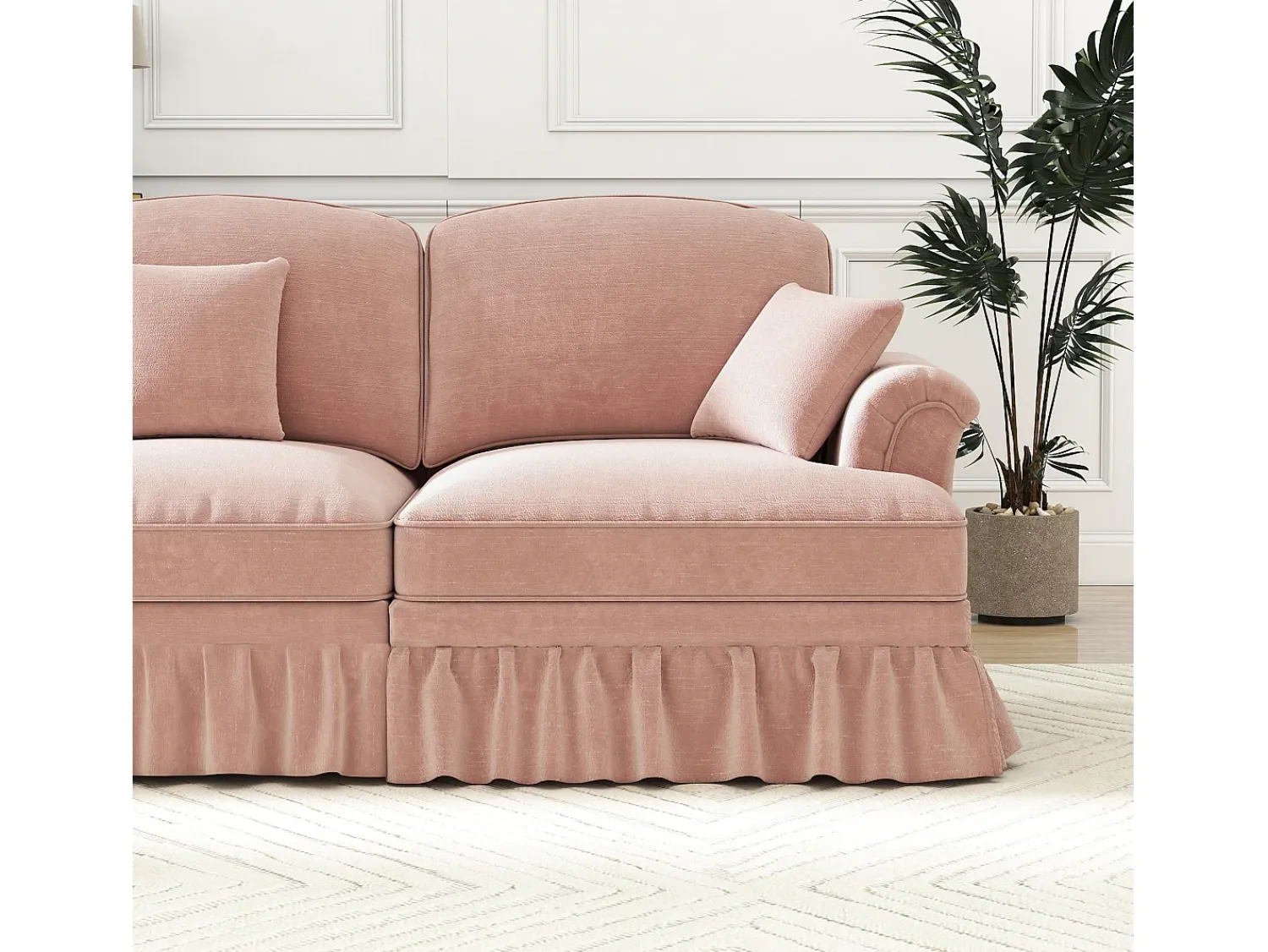 Best DripeX Sofá chesterfield 2 lugares em felpudo - com 2 puffs e 2 almofadas - saia removível - 194x140x93cm Rosa