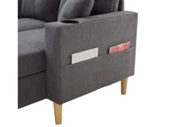 Outlet Sofá cinza escuro de 3 lugares - Sofá de canto com 2 almofadas e suporte para copos - bolsos laterais e arrumação - algodão e linho Cinzento
