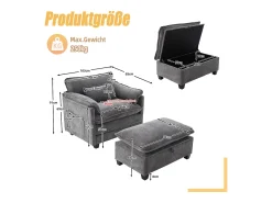Sofá| Sofá com bolsos laterais e apoio para os pés - Chenille - para sala de estar e quarto Cinzento