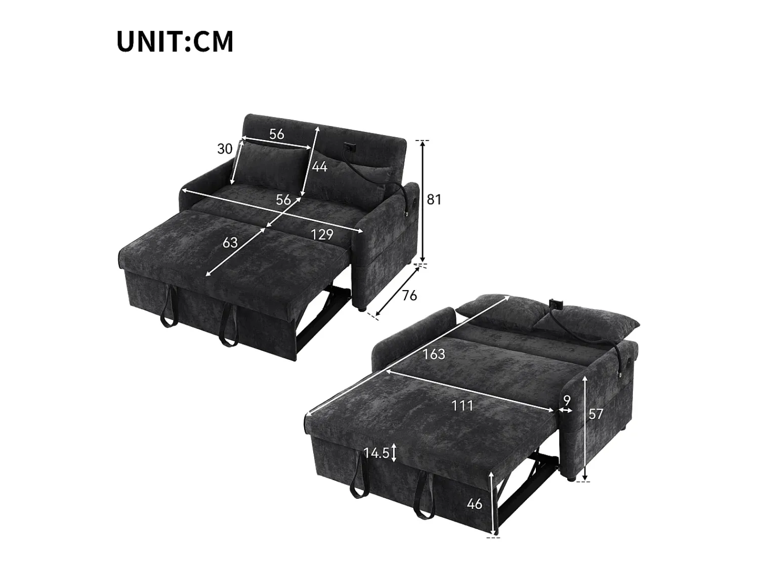 Best Sofá com suporte para telemóvel e bolso - encosto ajustável - para sala de estar e quarto Cinzento