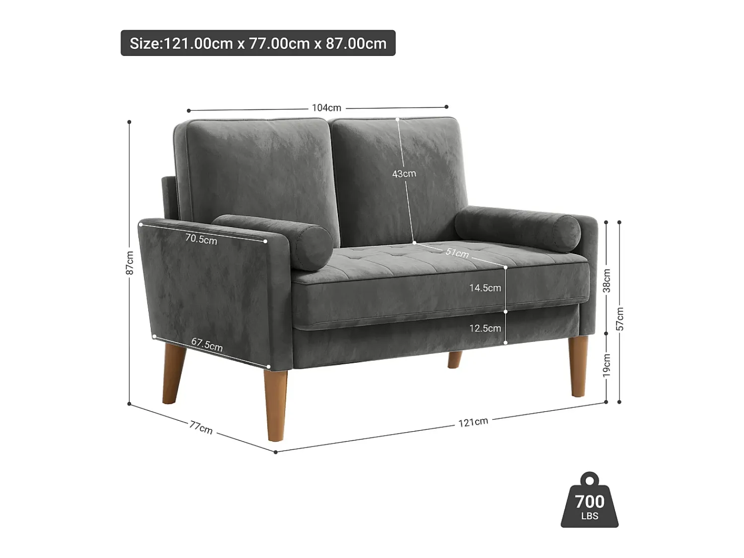 Outlet DripeX Sofá com 2 lugares escandinavos de 2 lugares, mini sofá de braço laminado em Velvet Adeset, poltrona da sala com apoios de braços, 121x77x87cm - cinza Cinzento