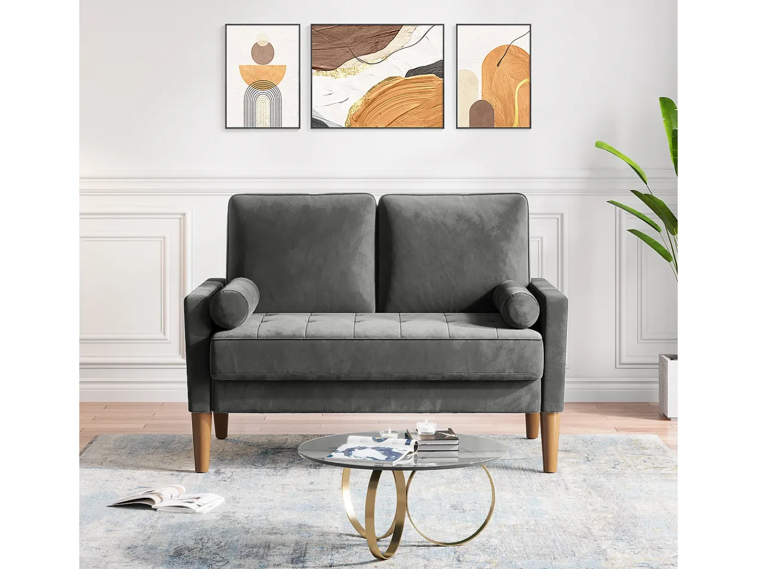 Outlet DripeX Sofá com 2 lugares escandinavos de 2 lugares, mini sofá de braço laminado em Velvet Adeset, poltrona da sala com apoios de braços, 121x77x87cm - cinza Cinzento