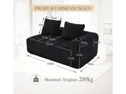 Merax Sofá confortável de 2 lugares - 158 x 93 x 61 cm - não requer montagem - com almofadas de encosto e bolso - veludo - Preto
