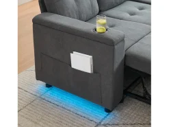 Merax Sofá conversível de 3 lugares - 208 x 146 x 89,5 cm - com espaço de armazenamento integrado + LEDs - Tecido - cinza^ Sofá