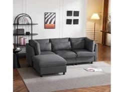 Discount Merax Sofá conversível de canto direito com apoio para pés - Tecido de linho - 220 x 83 x 81 cm - Cinza Cinzento