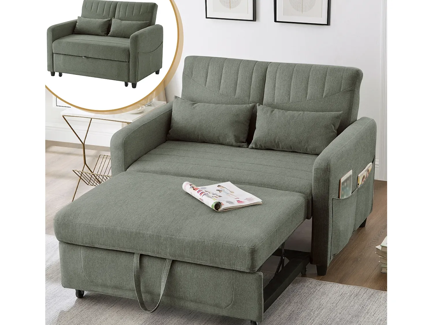 Online ModernLuxe Sofá conversível duplo 114 x 77 x 82,5 cm - encosto ajustável em três níveis - tecido de algodão e linho - militar Verde