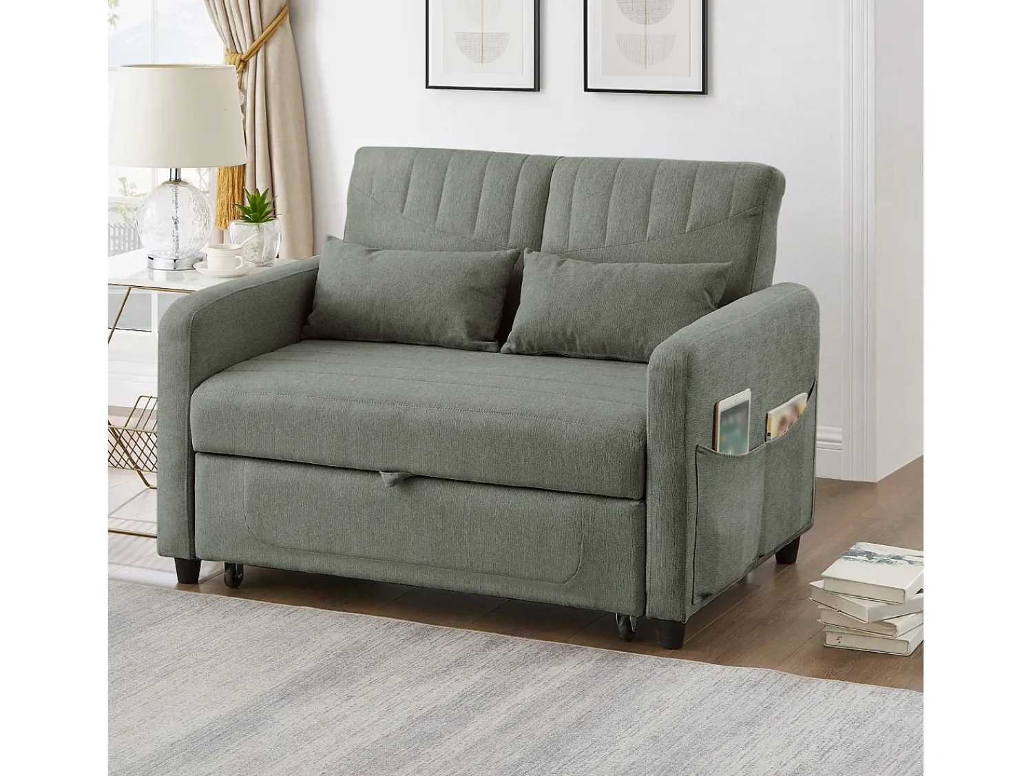 Online ModernLuxe Sofá conversível duplo 114 x 77 x 82,5 cm - encosto ajustável em três níveis - tecido de algodão e linho - militar Verde