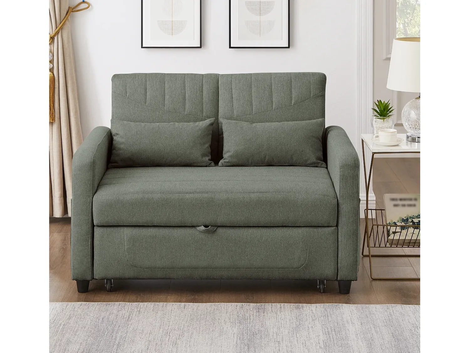 Online ModernLuxe Sofá conversível duplo 114 x 77 x 82,5 cm - encosto ajustável em três níveis - tecido de algodão e linho - militar Verde