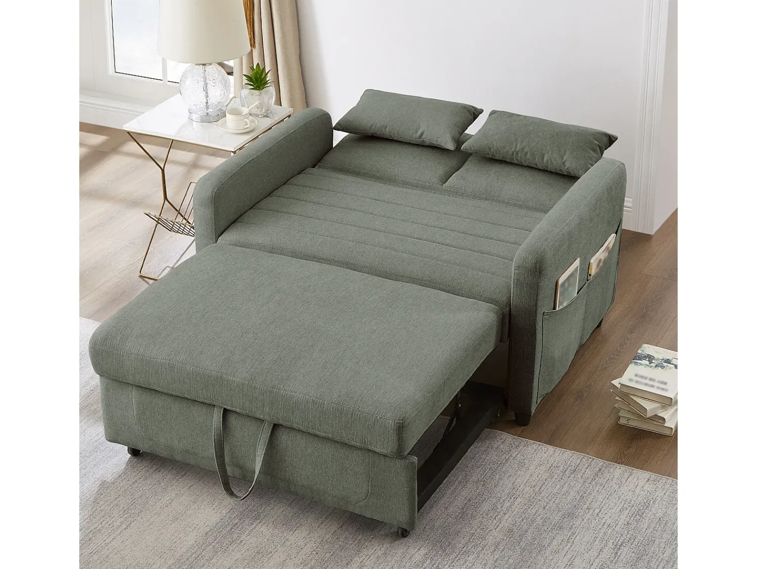 Online ModernLuxe Sofá conversível duplo 114 x 77 x 82,5 cm - encosto ajustável em três níveis - tecido de algodão e linho - militar Verde