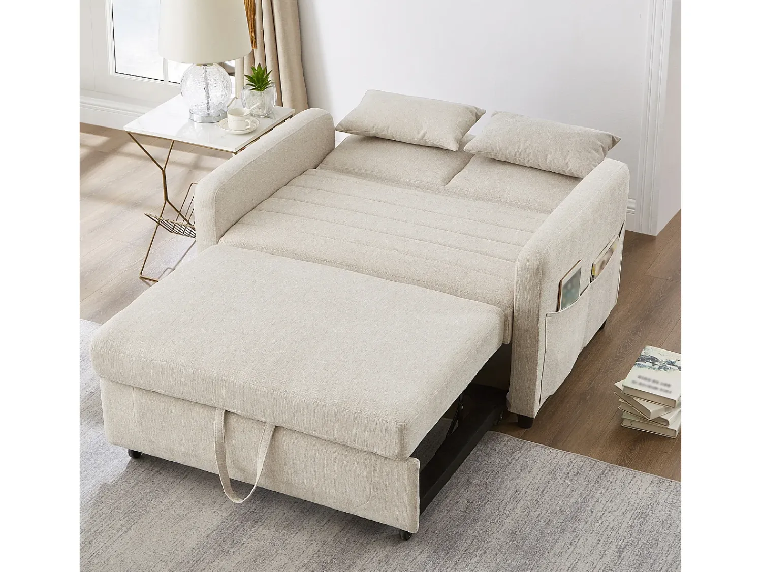 Sale ModernLuxe Sofá conversível duplo 114 x 77 x 82.5 cm - encosto ajustável em três níveis - tecido de algodão e linho - Bege
