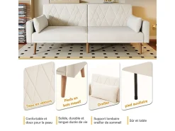 Sofá*DripeX Sofá conversível em veludo - com 2 almofadas - braços e encosto ajustáveis - pés em madeira maciça - 180x75x82cm Bege