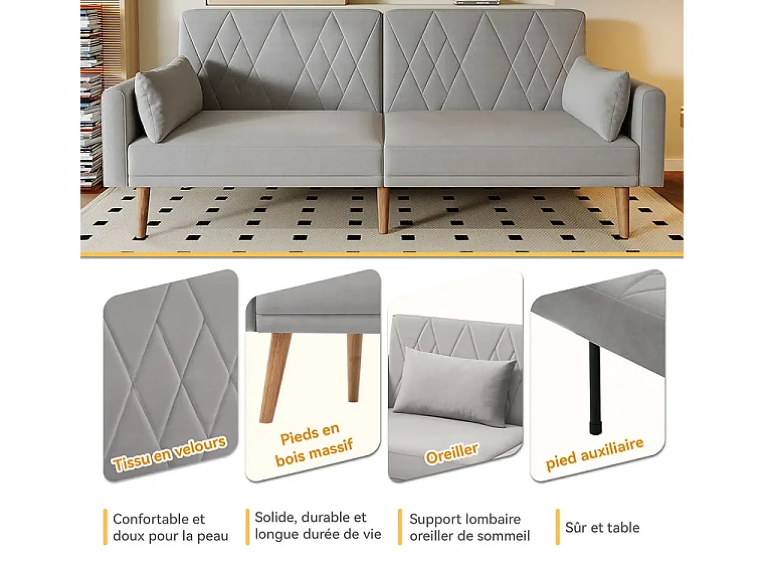 Sofá|DripeX Sofá conversível em veludo cinza - com 2 almofadas - braços e encosto ajustáveis - pés em madeira maciça - 180x75x82cm Cinzento