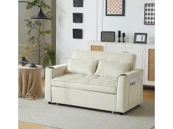 Sofá|DripeX Sofá conversível em veludo - 2 lugares - com 2 travesseiros, bolsos de apoio de braço, suportes de vidro - encosto reclinável - 137x76.5x83cm Bege