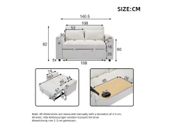 ModernLuxe Sofá conversível para 2 pessoas 140.5x74x82 cm - Encosto ajustável - Porta USB - Porta-copos - Mesa de apoio -^ Sofá