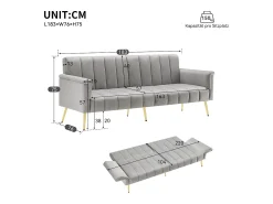 Discount Hauss Spole Sofá conversível reto de 2 lugares em veludo cinza claro, encosto e braços dobráveis ​​- 183x76x75cm Cinzento claro