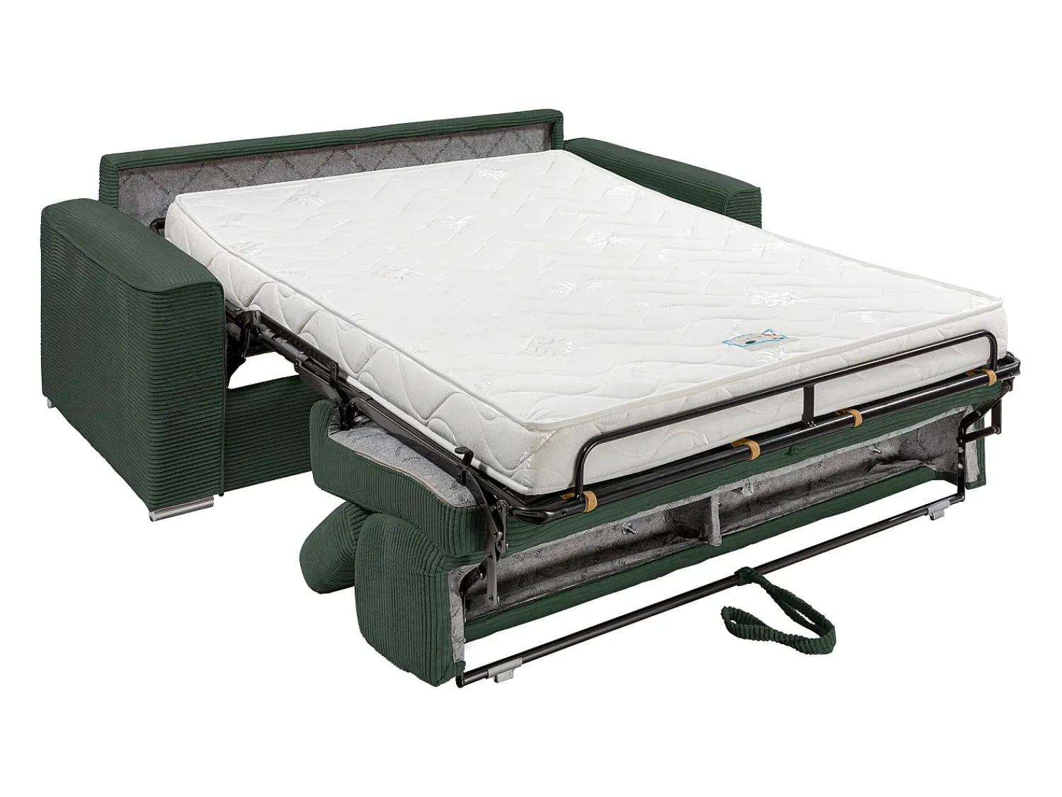 Sofá*Vente-unique Sofá convert. abert. ráp. veludo canel. , cama ripas largas 140cm, colchão 14cm VIZIR Verde