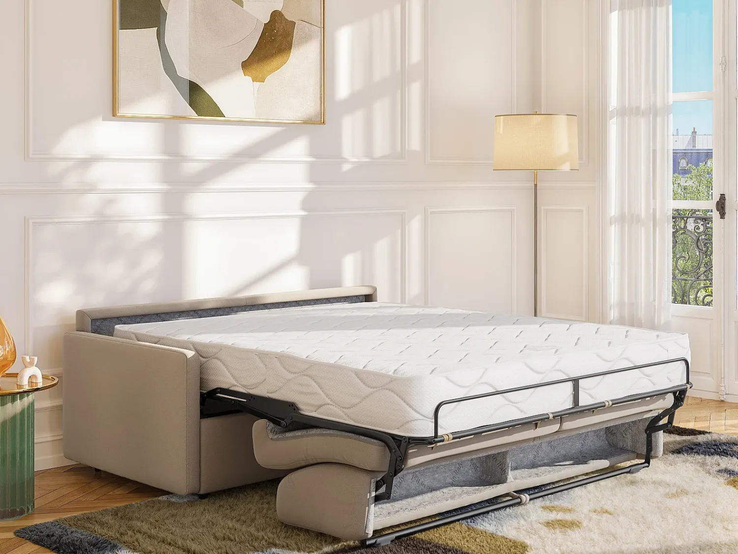 Vente-unique Sofá convertível abertura rápida tecido assento com assento de memória de forma 140 cm colchão 22 cm CALIFE^ Sofá