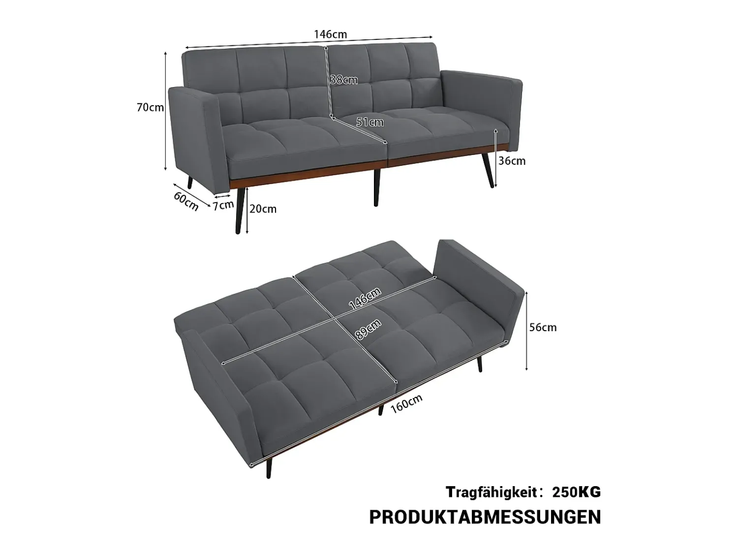 Best Hauss Spole Sofá convertível de 2 lugares com apoios de braços - Encosto ajustável em 5 posições - Pés em metal - Tecido de linho Cinzento