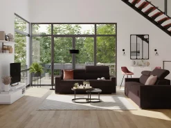 Vente-unique Sofá convertível em tecido marrom assento memória de forma 140 cm ripas largas 14 cm VIZIR^ Sofá
