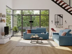 Clearance Vente-unique Sofá convertível em tecido assento memória de forma 160 ripas largas 18cm memória de forma VIZIR Azul