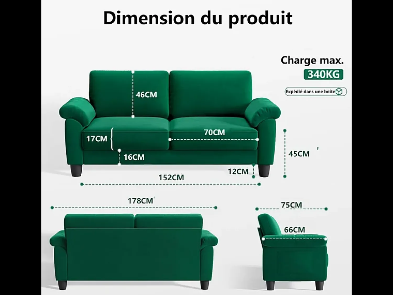 Sofá*DripeX Sofá da sala de estar 2 Lugar em tecido de pista, sofá moderno no meio do século, com bolsa de armazenamento, 178x75x87cm, Verde