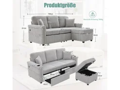 Sofá*Merax Sofá de 4 lugares - 194 x 73 x 81 cm - com LEDs + USB + apoio para os pés com armazenamento + 2 gavetas - Veludo - cinza claro Cinzento claro