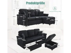 Sofá*Merax Sofá de 4 lugares - 194 x 73 x 81 cm - com LEDs + USB + apoio para os pés com armazenamento + 2 gavetas - Veludo - Preto