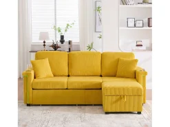 Online Merax Sofá de 4 lugares - 194 x 73 x 81 cm - com LEDs + USB + apoio para os pés com armazenamento + 2 gavetas - Veludo - Amarelo