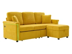 Sofá* Sofá de 4 lugares - Sofá de canto com iluminação LED e apoio para os pés com compartimento - suporte para copos e bolsos laterais - bombazine Amarelo