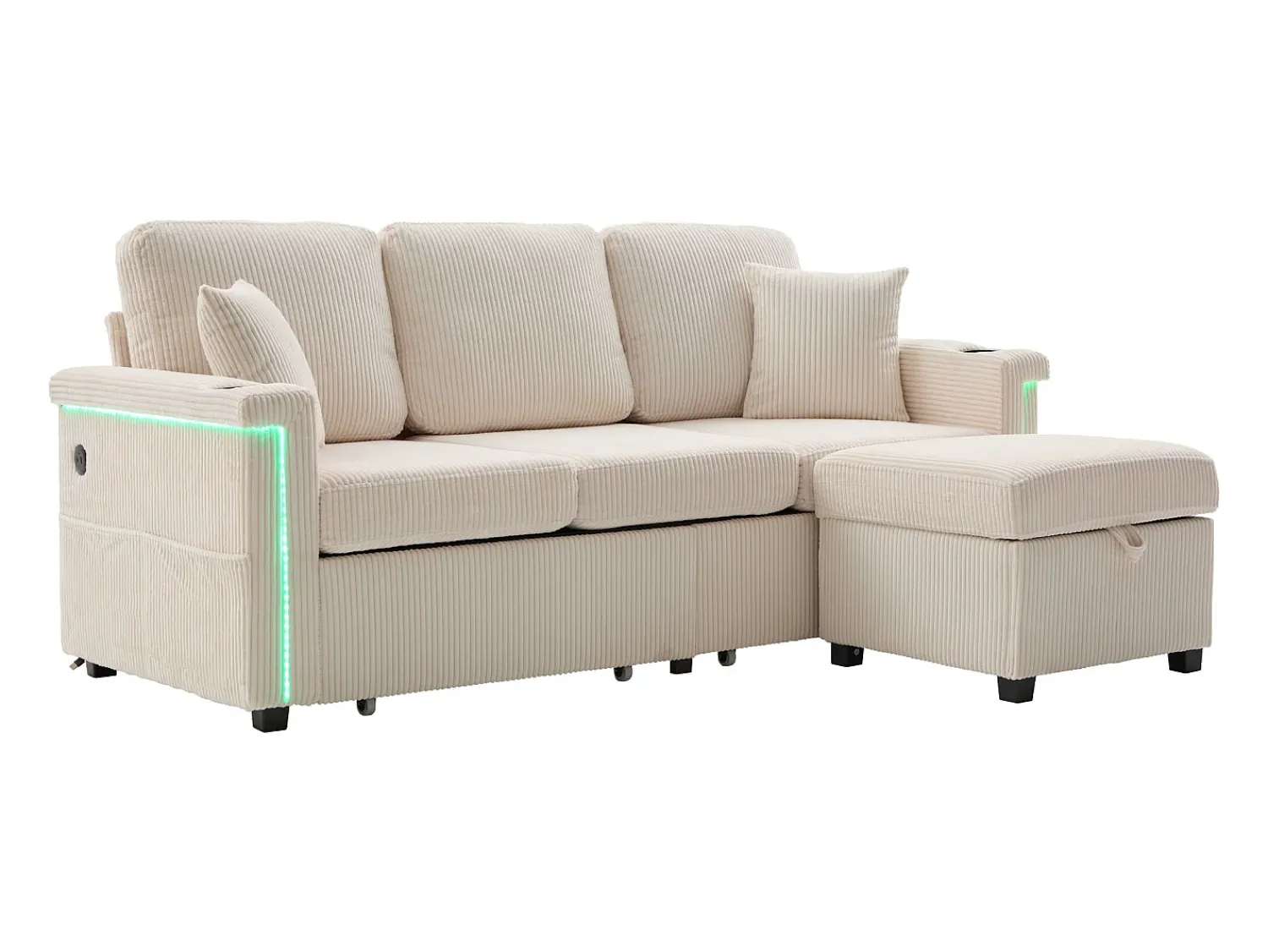 Sofá| Sofá de 4 lugares - Sofá de canto com iluminação LED e apoio para os pés com compartimento - suporte para copos e bolsos laterais - bombazine Bege