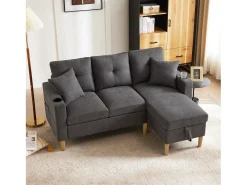 Hot Merax Sofá de 3 lugares com chaise longue - 175 x 129 x 90 cm - com arrumação + 2 almofadas - algodão + linho - cinza escuro Cinzento