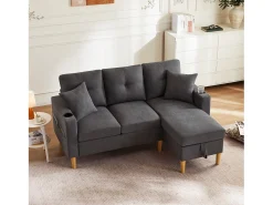 Hot Merax Sofá de 3 lugares com chaise longue - 175 x 129 x 90 cm - com arrumação + 2 almofadas - algodão + linho - cinza escuro Cinzento