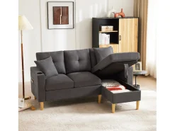 Hot Merax Sofá de 3 lugares com chaise longue - 175 x 129 x 90 cm - com arrumação + 2 almofadas - algodão + linho - cinza escuro Cinzento