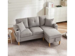 Clearance Merax Sofá de 3 lugares com chaise longue - 175 x 129 x 90 cm - com arrumação + 2 almofadas - algodão + linho - cinza claro Cinzento claro