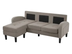 Sofá de 3 lugares com chaise longue – Sofá de canto com bolsos laterais – Tecido de algodão e linho -escuro^ Sofá