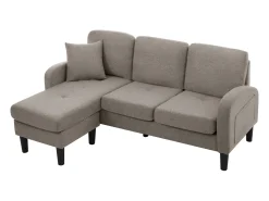 Sofá de 3 lugares com chaise longue – Sofá de canto com bolsos laterais – Tecido de algodão e linho -escuro^ Sofá