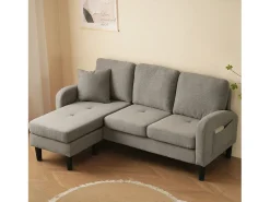 Sofá de 3 lugares com chaise longue – Sofá de canto com bolsos laterais – Tecido de algodão e linho -escuro^ Sofá