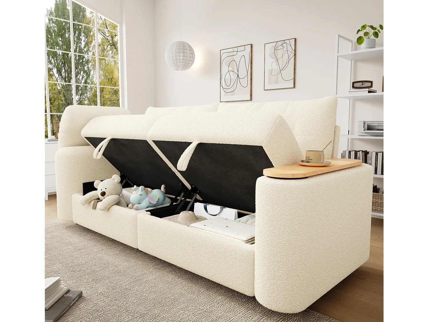 Best Hauss Spole Sofá de 2 lugares com compartimentos de arrumação e mesa de apoio - Tecido Teddy Bege