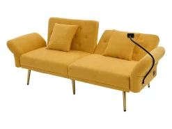Sofá* Sofá de 2 lugares com portas USB - Sofá reto com suporte para telemóvel e bolsos laterais - Encosto ajustável - Veludo Amarelo
