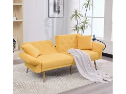 Sofá* Sofá de 2 lugares com portas USB - Sofá reto com suporte para telemóvel e bolsos laterais - Encosto ajustável - Veludo Amarelo
