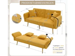 Sofá* Sofá de 2 lugares com portas USB - Sofá reto com suporte para telemóvel e bolsos laterais - Encosto ajustável - Veludo Amarelo