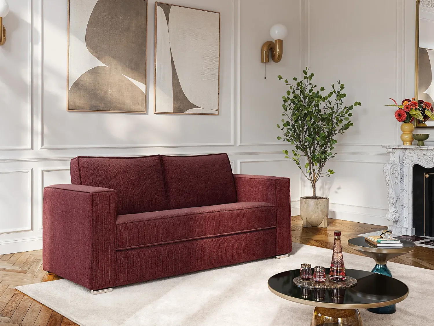 Sofá*Vente-unique Sofá de 3 lugares conversível abertura rápida em tecido chenille ripas largas -22cm LORETO Bordeaux