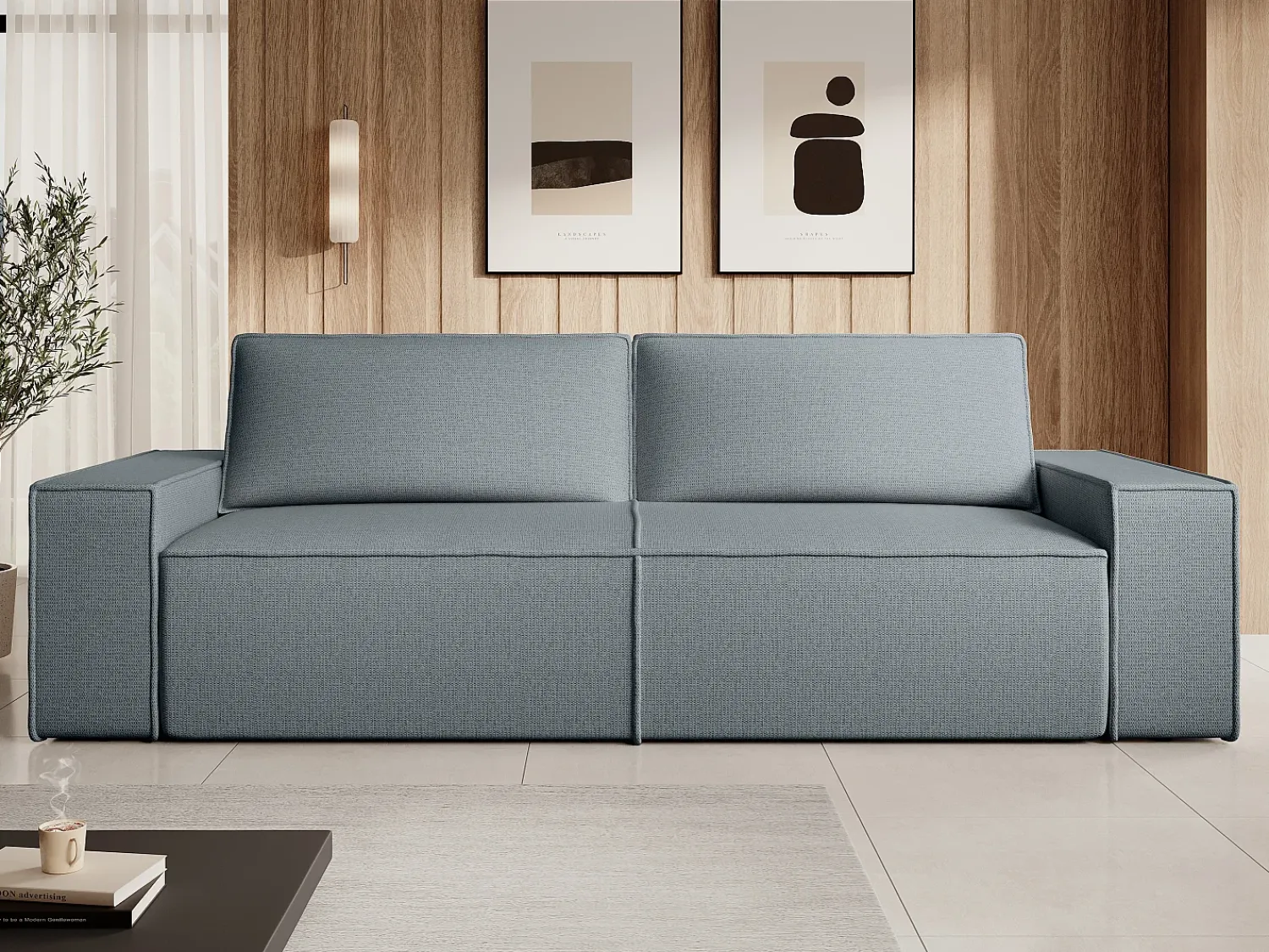 Clearance Vente-unique Sofá de 4 lugares convertível veludo texturizado AMELIA Azul