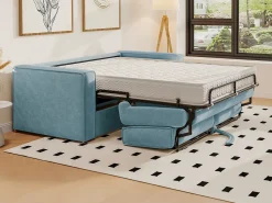 Best Vente-unique Sofá de 3 lugares convertível de abertura rápida em veludo canelado bege LORETO Azul turquesa