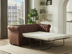 Discount Vente-unique Sofá de 3 lugares convertível em microfibra aspeto couro envelhecido CHESTERFIELD Castanho