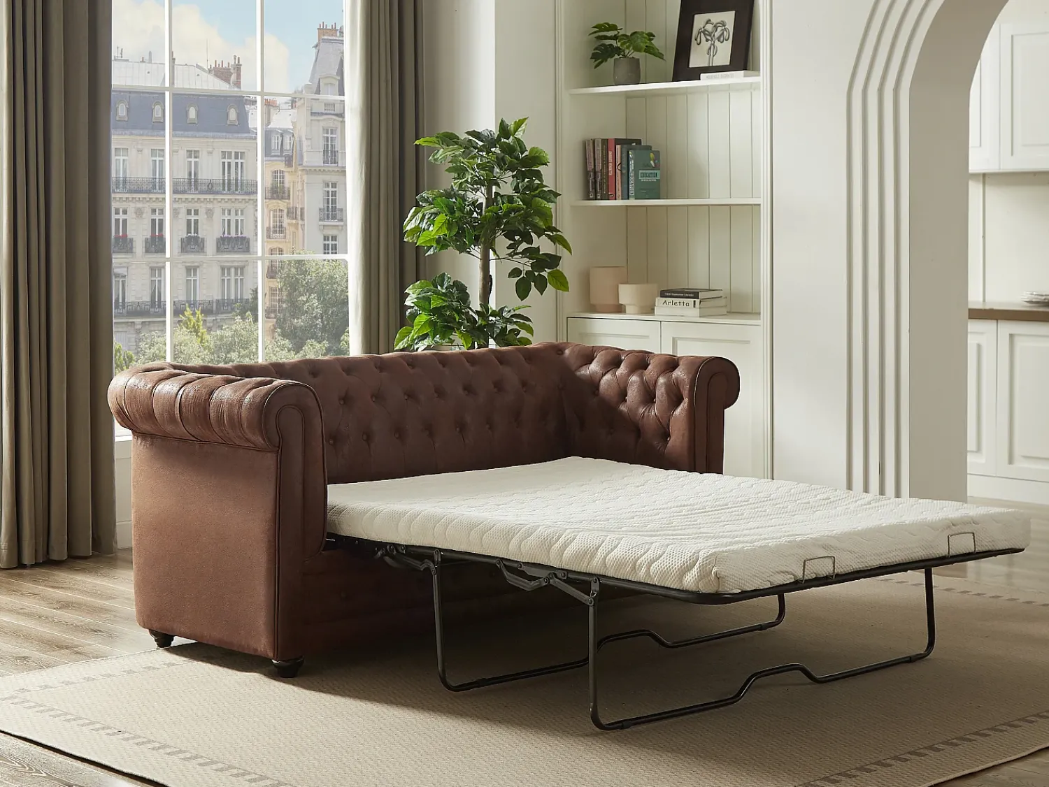 Discount Vente-unique Sofá de 3 lugares convertível em microfibra aspeto couro envelhecido CHESTERFIELD Castanho