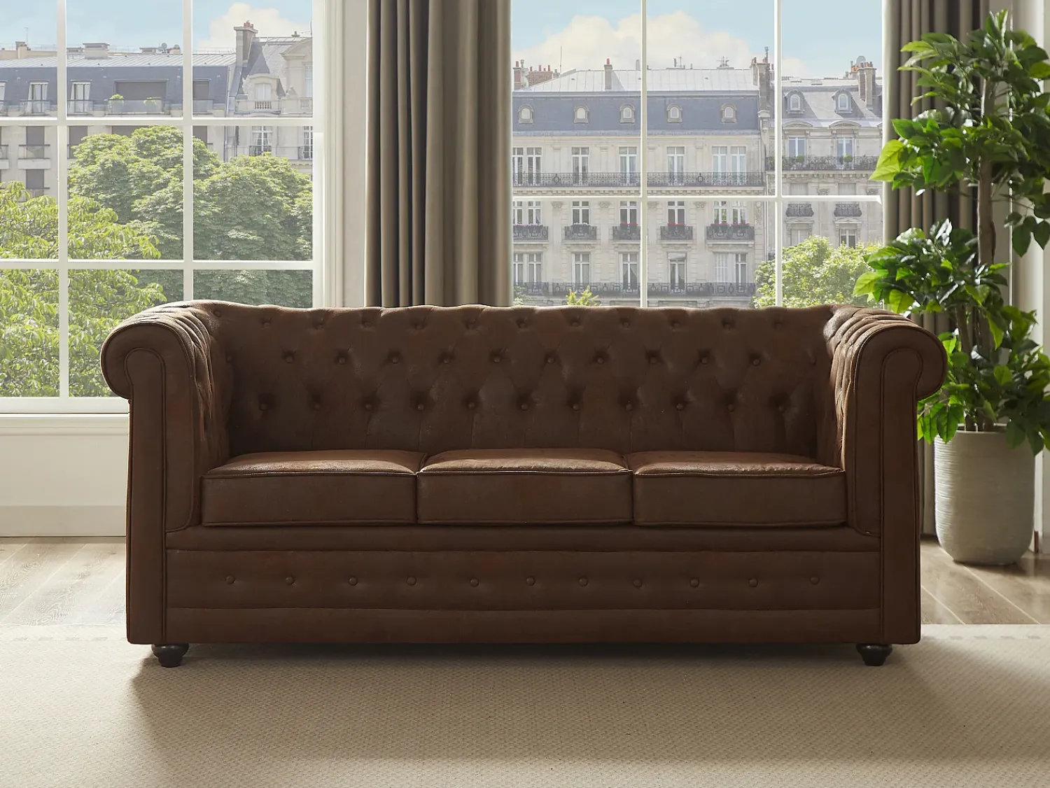 Discount Vente-unique Sofá de 3 lugares convertível em microfibra aspeto couro envelhecido CHESTERFIELD Castanho