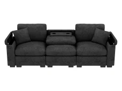 Sofá|Hauss Spole Sofá de 3 lugares em chenille - Almofadas, mesa de apoio dobrável, entradas USB e espaço para arrumação. Cinzento